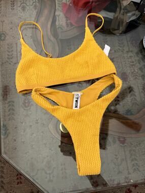 Twin Two-Piece Swim Bikini Set Size XS Yellow Ribbed High-Cut Strappy Bralette